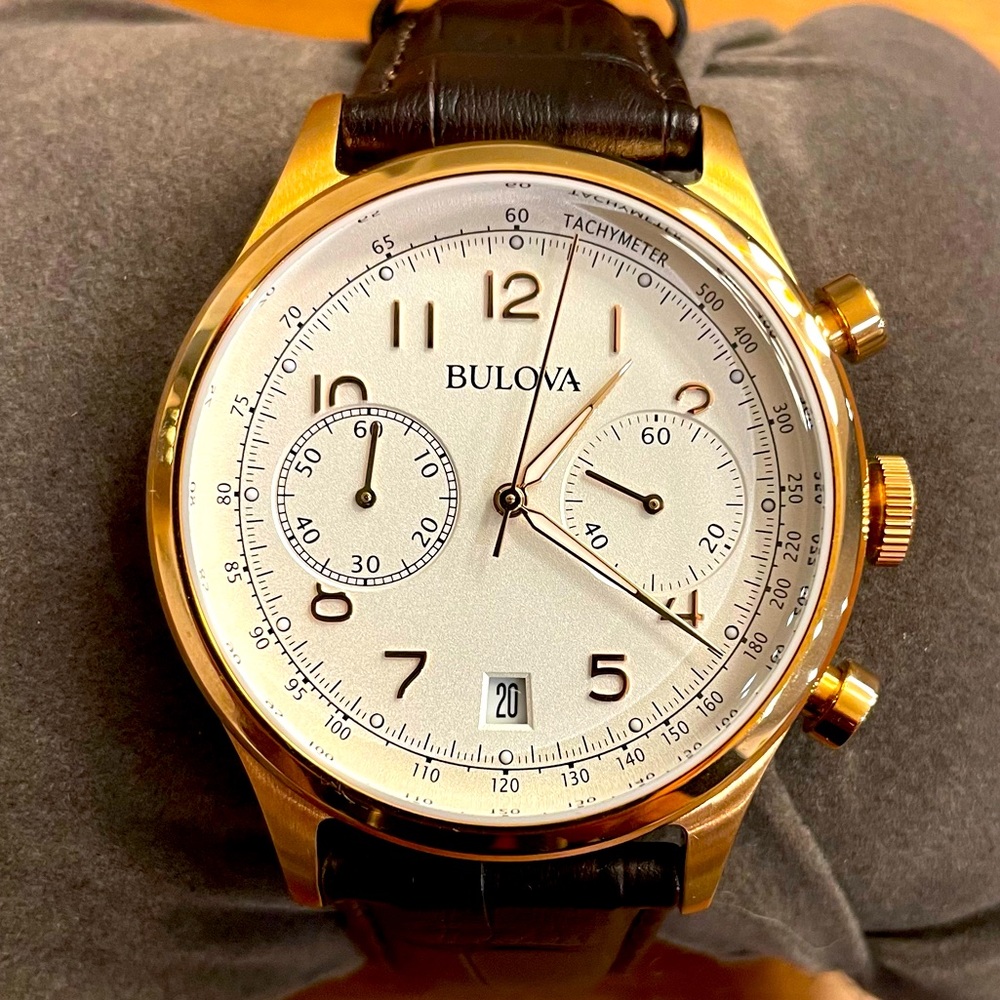 Bulova Mens Classic 43mm Bronze Stainless Steel Brown Leather Band Chronograph